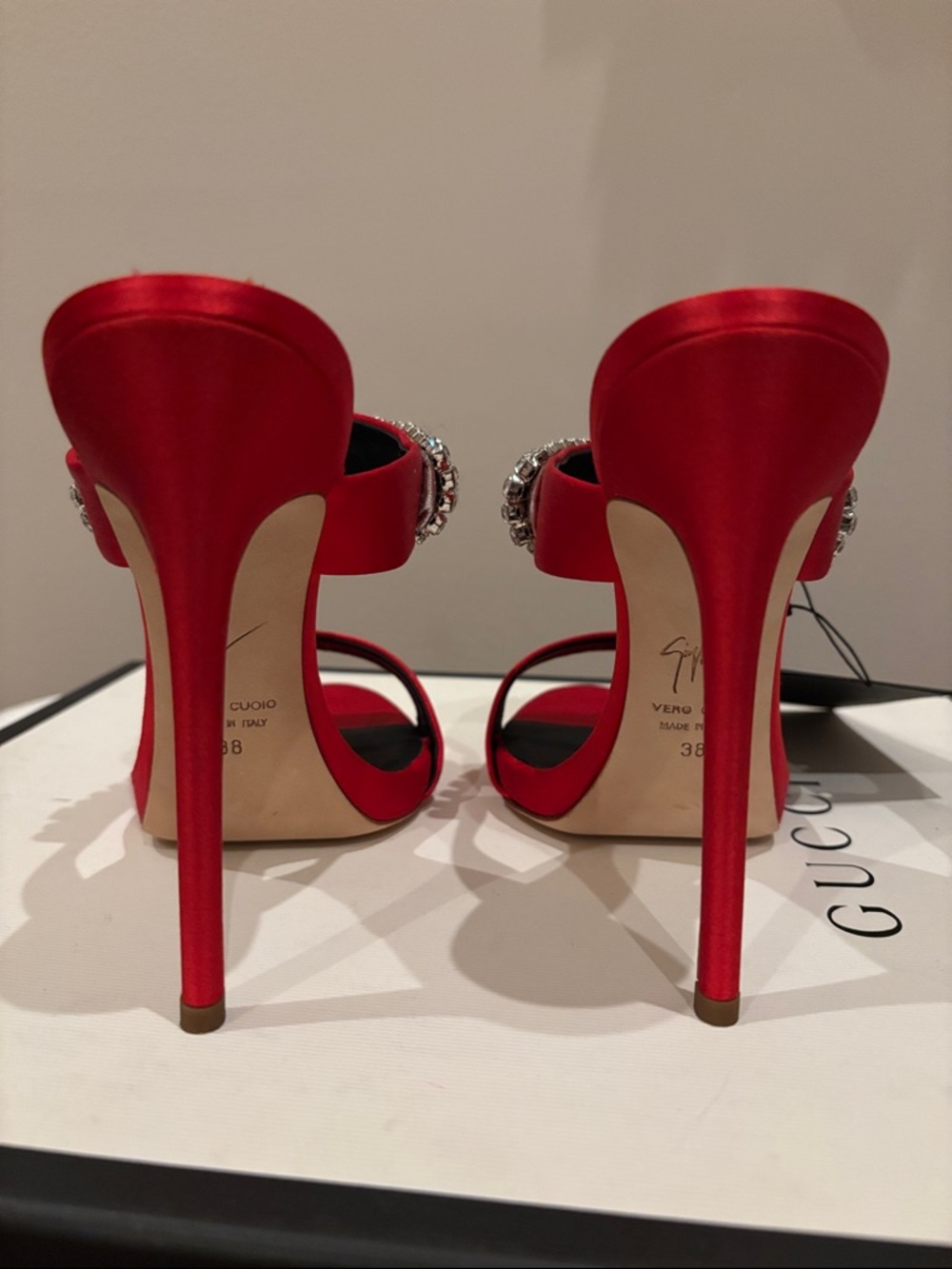 Giuseppe Zanotti Flame Red Satin high heel sandal mule with crystals sz.8 - Picture 8 of 17